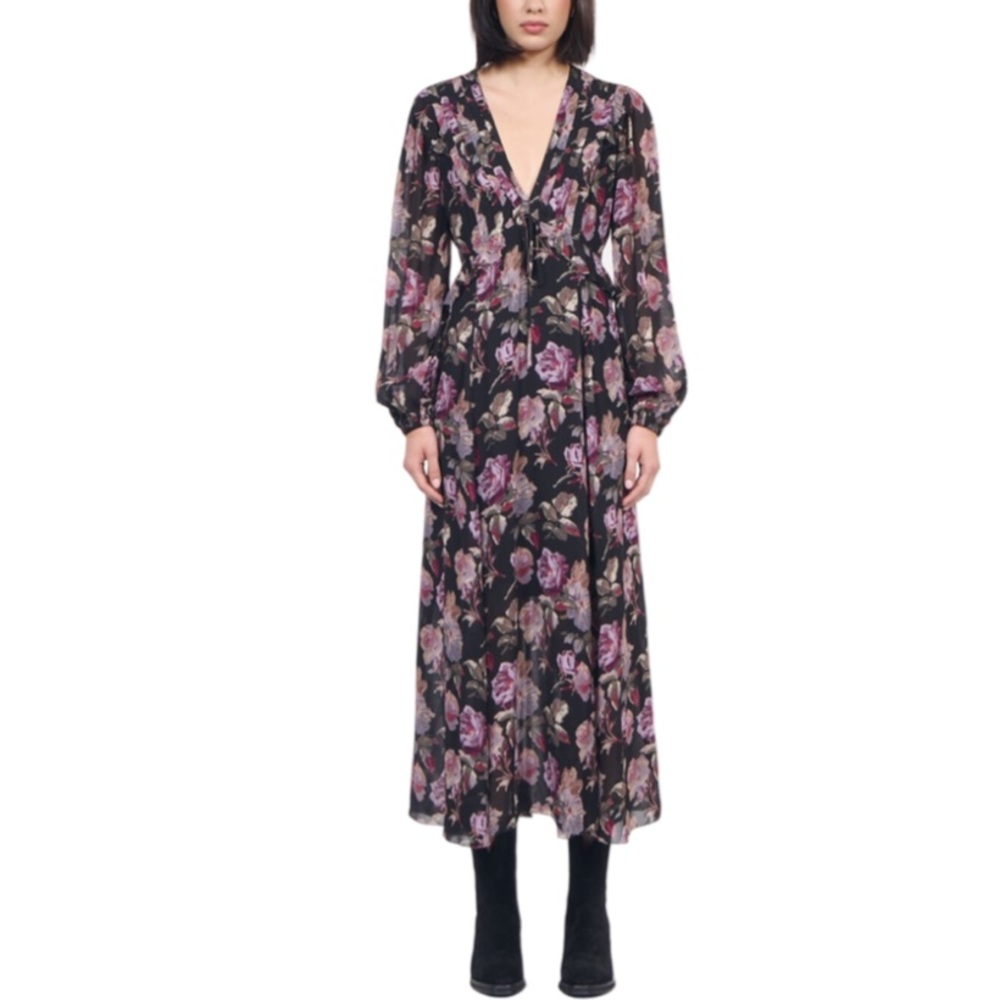 NWT THE KOOPLES BLACK LONG FLORAL PRINT DRESS Size 1 US S